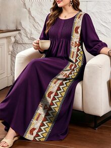 Lacomfia Vintage Geometric Striped Pattern Plus Size Women's Dress, Spring/Summer Fashion Round Neck With Pleated Design, Mid-Length Sleeves, Cinched Waist, Full Skirt, Long Length, Bohemian Style - Multicolor - View 5