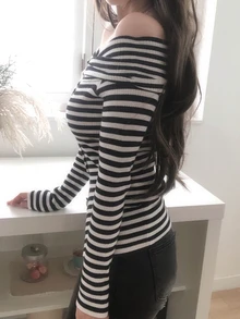 DAZY Women's Striped Long Sleeve Korean Style Elegant T-Shirt Vacation - White - View 2