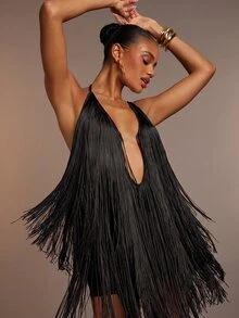 Hauture 女款性感懸吊流蘇流蘇低胸掛脖露背迷你洋裝 - 黑色 - 查看 2