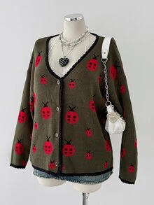 Sunspun Plus Size Women Animal Print Color Block Trim Cute Y2K Vintage Halloween Sweater Cardigan Autumn/Winter Back To School Season - Dark Green - View 6