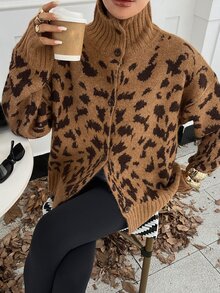 DAZY Autumn/Winter Leopard Print Lapel Single-Breasted Loose Silhouette Cardigan Long Sleeve Slouchy Personalized Street Commute Fashion Women's Open Front Sweater - Brown - View 5