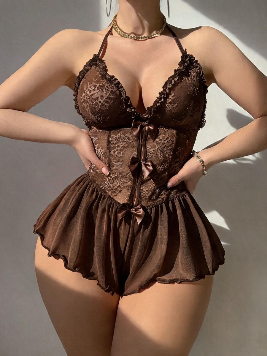 SHEIN 性感蕾絲荷葉邊網紗連身褲 - 咖啡棕 - 查看 1
