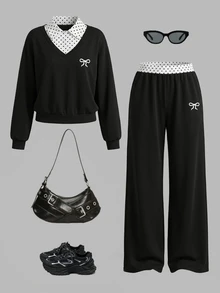 SHEIN 女童休閒兩件套，波點翻領拼接V領短版上衣搭配波點腰寬腿褲，精緻蝴蝶結刺繡，寬鬆舒適版型，歐美校園風，適合幼童與小童日常上學、外出與運動 - 黑色 - 查看 4
