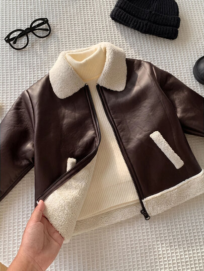 SHEIN Kids Young Boy Padded Coat, Winter Coat, PU Coat, Fleece, Thickened, Fall And Winter Clothes, Patchwork Black Leather Biker Jacket