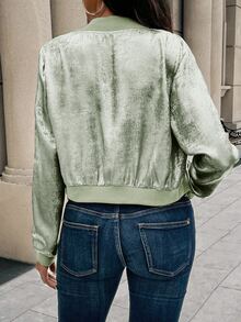 SHEIN LUNE 秋季新款金屬色拉鍊羅紋袖口棒球夾克，優雅風格，適合節日派對穿著 - 薄荷綠 - 查看 2