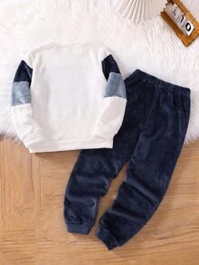 SHEIN 2件組兒童青少年男孩休閒日常毛絨舒適圓領套頭長袖睡衣上衣＋直筒睡褲針織居家服套裝，秋季款 - 彩色 - 查看 2