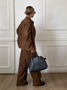 Livesso Brown Leopard Print Lapel Long Sleeve Single-Breasted Shirt With Matching Wide Leg Pants Casual 2 Pieces Set Fall - Black - View 2