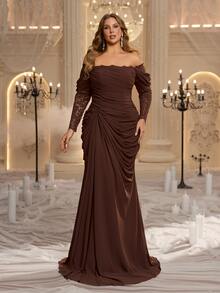 Glamrae Plus Size Elegant Glamorous Coffee Brown Cold Shoulder Lace Patchwork Heavy Embellishment Draped Evening Gown - Coffee Brown - View 3