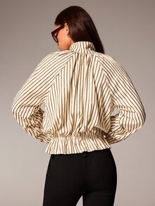 Athîral Women's Autumn Casual Striped Drawstring Waist Jacket - Apricot - View 2