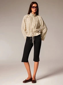 Athîral Women's Autumn Casual Striped Drawstring Waist Jacket - Apricot - View 4