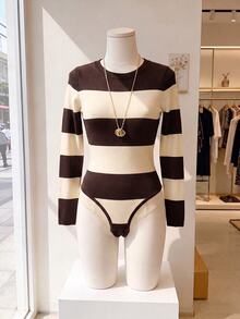 Resyla Fashionable Retro Casual Basic Round Neck Apricot & Brown Color Block Print Bodysuit - Multicolor - View 3