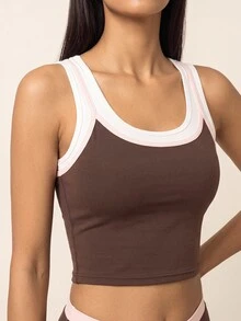 SHEIN BAE Women's Colorblock Cropped Tank Top And Shorts Sports Set - Coffee Brown - View 6