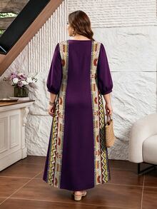 Lacomfia Vintage Geometric Striped Pattern Plus Size Women's Dress, Spring/Summer Fashion Round Neck With Pleated Design, Mid-Length Sleeves, Cinched Waist, Full Skirt, Long Length, Bohemian Style - Multicolor - View 2