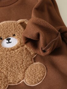 SHEIN 男嬰 2件組秋冬加厚抓絨內裡休閒可愛熊圖案拼接刺繡衛衣套裝，格紋長褲，嬰兒冬季套裝，聖誕 - 棕色 - 查看 6