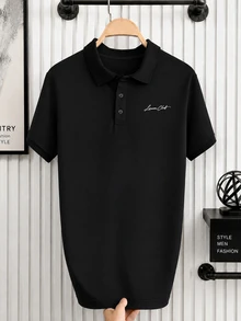 Manfinity Homme 男士字母印花短袖休閒通勤 Polo 衫 - 黑色 - 查看 1