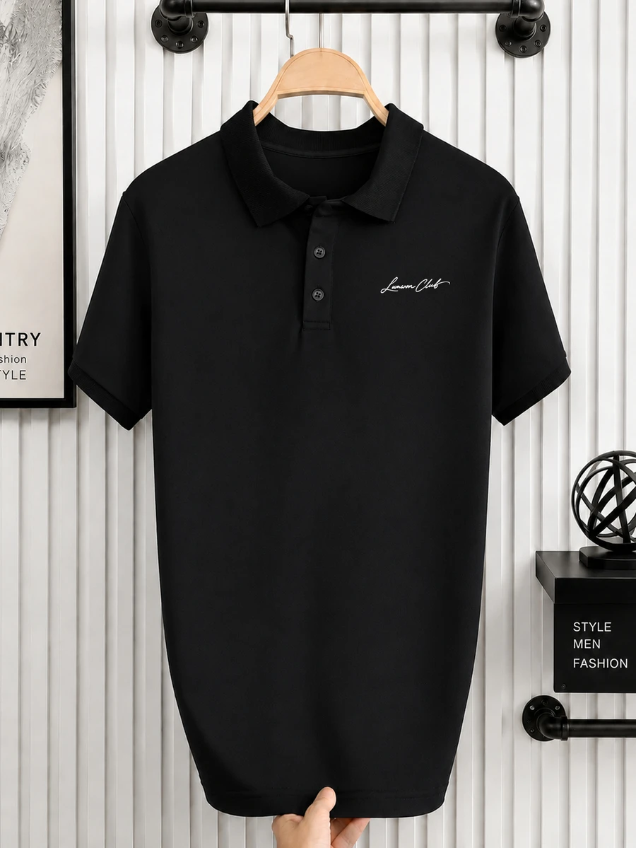 Manfinity Homme 男士字母印花短袖休閒通勤 Polo 衫 - 黑色 - 查看 1