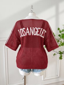 SHEIN EZwear 大尺碼女款數位印花落肩針織鏤空上衣 - 紅色 - 查看 2