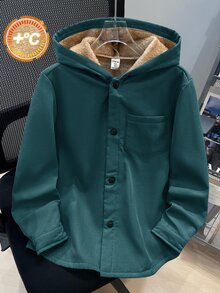 SHEIN 兒童小男孩休閒日常百搭舒適複合抓絨內裡連帽開襟長袖中厚梭織外套，適合學校、花園、海灘、生日，春夏秋冬皆宜 - 墨綠色 - 查看 4