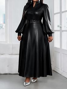 SHEIN Lady 大尺碼女款純色缺口V領燈籠袖優雅洋裝 - 黑色 - 查看 6