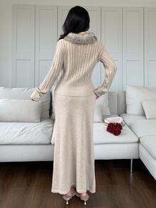 Feyla Women's Autumn/Winter Elegant Fur Collar Sweater & Knitted Skirt 2 Pieces Set - Apricot - View 6