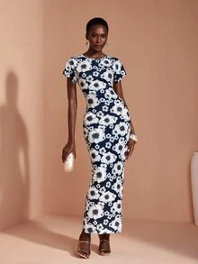 JIAN LASALA Multi Floral Print Short Batwing Sleeve Back Slit Long Dress Vacation Party Casual - Multicolor - View 1