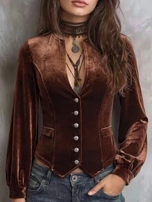 Solivie Women's Elegant Velvet Slim Fit Jacket, Autumn  Party  Going Out Tops Casual Blouses For Women Elegant Women's Blouses - Camel - View 3