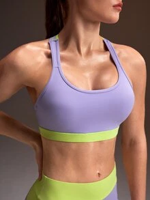Powerista Women's All Seasons High Support Sports Bra Purple And Green Color Clash With Crisscross Back Straps And Two Tone Design For Active Workouts - Purple - View 6