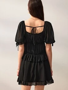 Willow Rêve Women's A-Line Black Mini Dress,Solid Color,Pleated Square Neck,Ruffle Short Sleeves,Summer Western Boho Romantic Elegant Casual,Vacation Party - Black - View 2