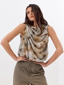 KÆRIA Hus Sleeveless Draped Cowl Neck Top - Whisper Chiffon - Abstract Blur Print - Draped, Going Out Top, Sheer - Multicolor - View 4