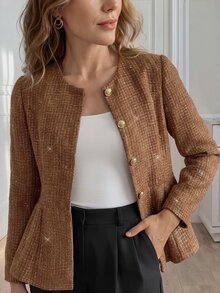 Medorina Elegant Luxury Chic, Sequin Button Up, Winter Jacket, Tweed Fabric, Gold Brown, Peplum Fit, Work Office Party, New Year, Fall Winter - Brown - View 3
