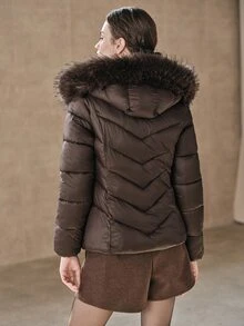 Anewsta Winter Brown Detachable Hood Fur Collar Padded Coat - Coffee Brown - View 7