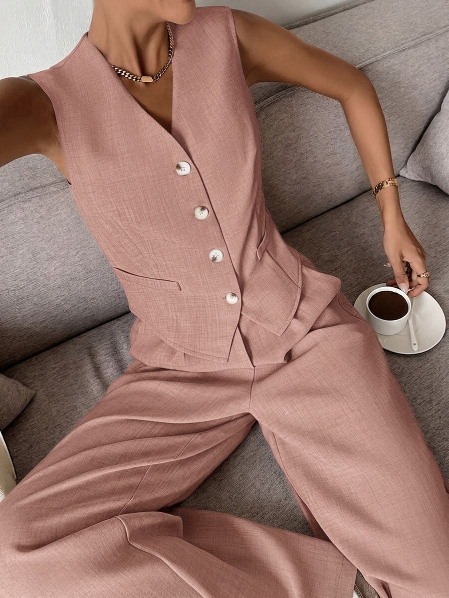Serisse Women's Vest & Pants Suit Set - Dusty Pink - View 1