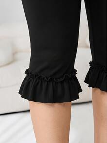 SHEIN EZwear 大尺碼休閒百搭純色荷葉邊褲腳長褲 - 黑色 - 查看 5