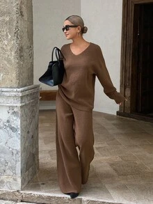 DAZY Autumn/Winter V-Neck Loose Drop Shoulder Sweater & Wide Leg Long Pants Casual Commute Daily Women's Knitwear Two Pieces Set - Coffee Brown - View 6