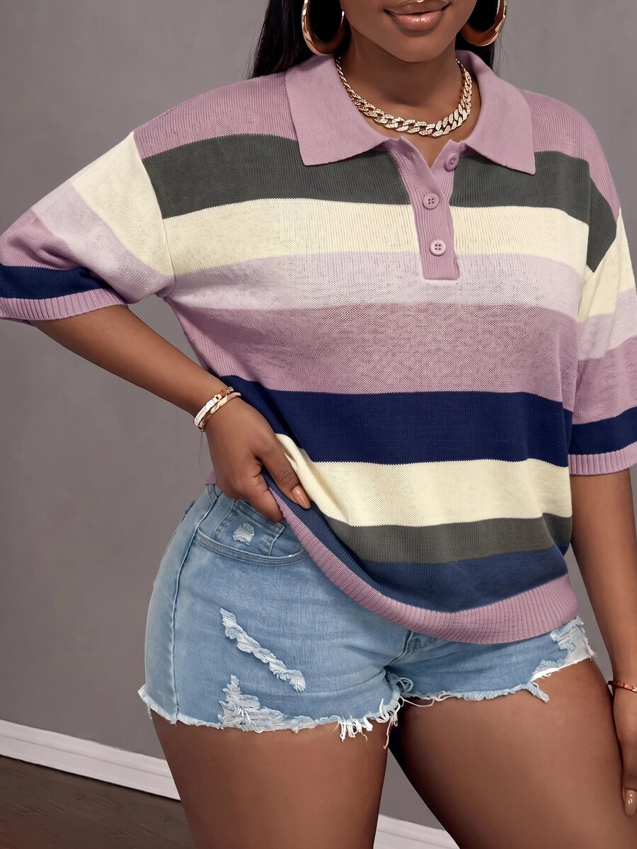 Slaydiva Plus Size Women's Colorblock Casual Daily Wear Knit Top - Multicolor - View 1