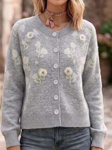 Linavere Women's Romantic Handmade Floral Applique Long Sleeve Single-Breasted Knit Cardigan - Light Grey - View 3