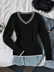 SHEIN 青少年女孩極簡純色V領長袖套頭毛衣，休閒日常穿著，秋冬長袖上衣，學院風V領長袖毛衣，復古V領毛衣，返校穿搭 - 黑色 - 查看 2
