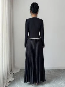 Elenzga Women's Contrast Color Trim V-Neck Long Sleeve Jacket And Long Pleated Skirt Elegant Set - Black - View 2