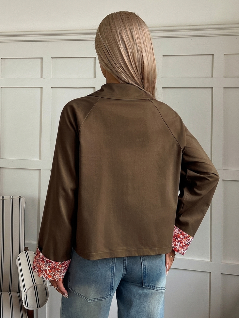 Women's Regular Fit Casual Loose Long Sleeve Button-Up Collar Khaki Solid Color Multi-Pocket Jacket