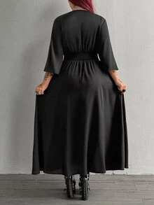 Whyspr Gaun Panjang Lengan 3/4 Kasual Leher V Modis untuk Wanita, Cocok untuk Halloween - Hitam - View 2