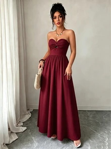 Selianne Summer New Bohemian Style Long Strapless Dress, Sexy Back Cutout, Floral Print, Bandeau Dress, Elegant Summer Dress, Women's Long Summer Dress, Beach Dress, Suitable For Holiday, Picnic, Beach Activities - Burgundy - View 8