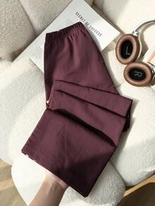 SHEIN Tween Girls Casual Loose Fit Side Tape Stripe Wide Leg Cropped Pants, Fall - Brown - View 2
