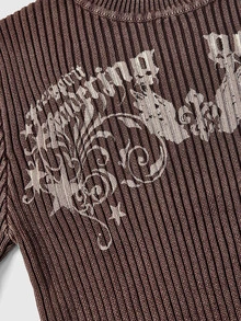 ROMWE Y2K Autumn Winter Spring Grunge Street Casual Colorblock Print Distressed Worn-Out Women's Slim Fit Long Sleeve Sweater - Mocha Brown - View 3