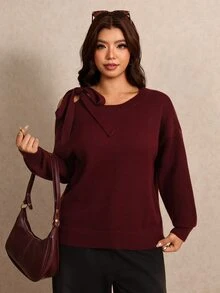 Elaquor Plus Size Autumn/Winter Casual Solid Color Hollow Out Lace-Up Sweater - Burgundy - View 4