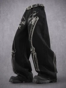 Manfinity Denimwave 男士骷髏印花寬鬆牛仔褲哥德街頭風寬腿牛仔長褲深色水洗嘻哈Y2K長褲 - 黑色 - 查看 3