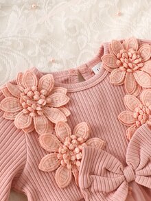 SHEIN 2件組新生女嬰公主風甜美粉色3D花朵蝴蝶結蕾絲網紗長袖派對禮服，秋冬生日洗禮棉質蓬蓬裙洋裝 - 藕粉色 - 查看 6