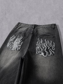 Manfinity Denimwave 男士 Y2K 寬鬆牛仔褲 水洗黑丹寧長褲 火焰印花 寬腿街頭風嘻哈長褲 - 黑色 - 查看 6