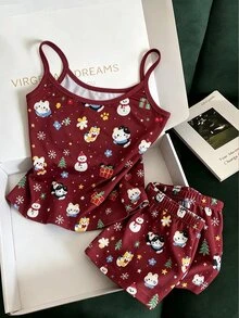 Franclia Plus Size Women Casual Vacation Style Cartoon Print Camisole And Shorts Set - Red - View 2