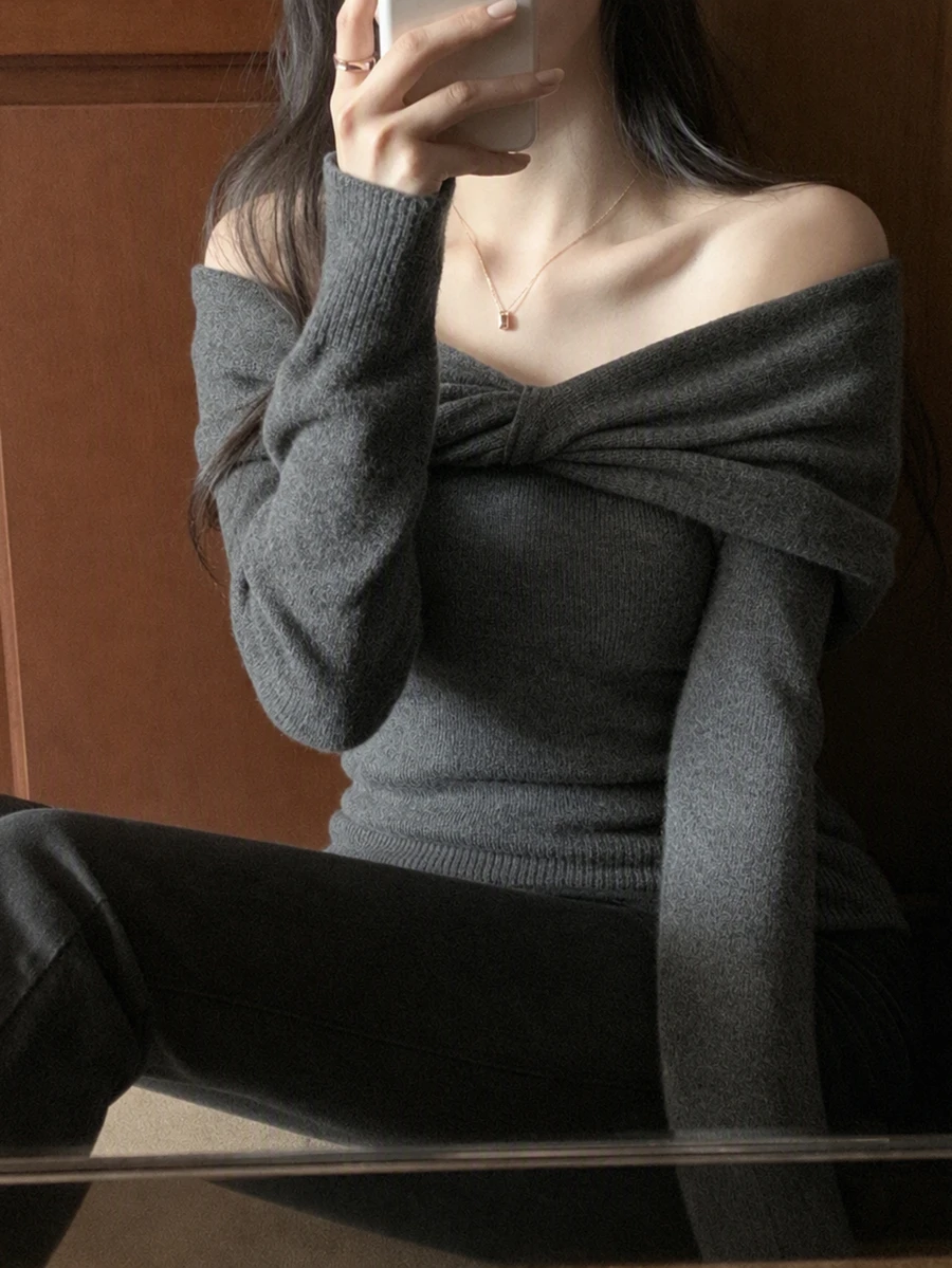 DAZY Women's Solid Color Twisted Knot Off-Shoulder Long Sleeve Fashion Sweater Fall - Grey - View 1