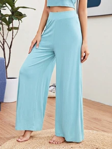 SHEIN Essnce Casual Versatile Solid Color Wide Leg Long Pants - Mint Blue - View 4